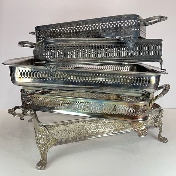 Vintage silver plated metal casserole dish holder chafing dish frame stand - Picture 12 of 16